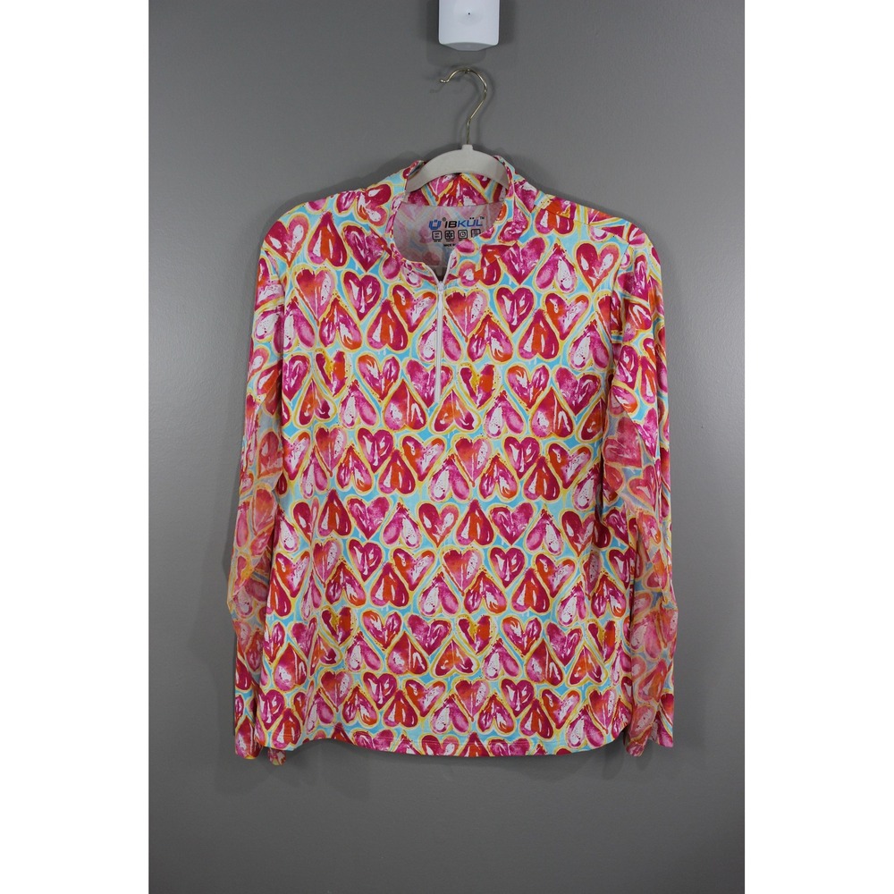 IBKUL Sun Shirt Womens XL Pink Heart Print Great UPF 50+ Quarter Zip Top
